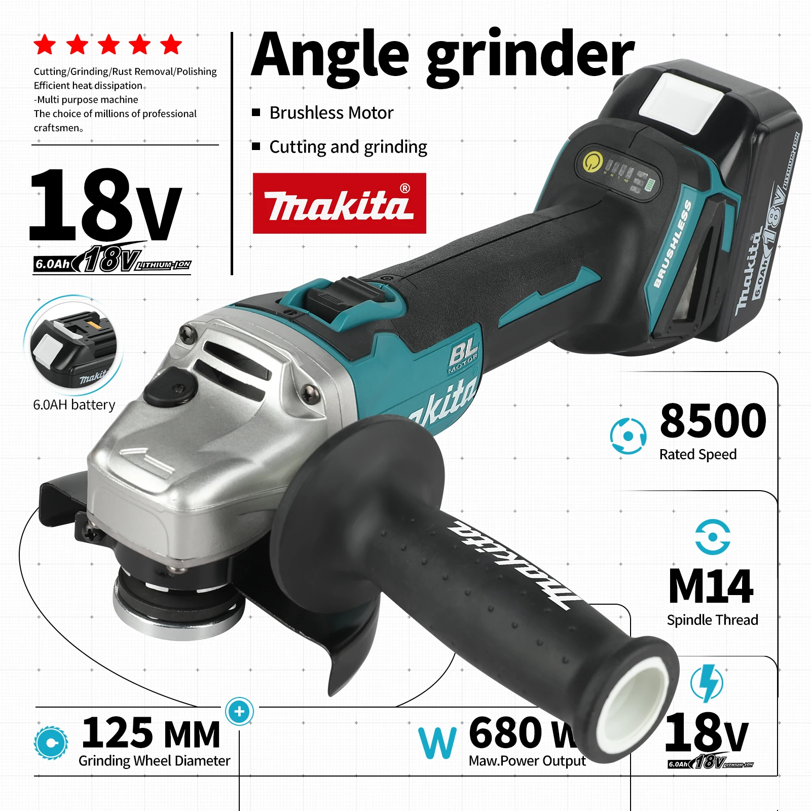 

Makita 125mm Brushless Angle Grinder 18v Cordless Grinding Machine Cutting Four speed adjustable speed Angle Grinder