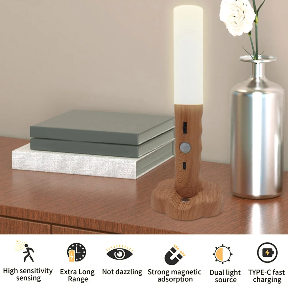 Magnetic LED Wood Night Light Motion Sensor USB Wall Lamp Kitchen Cabinet Closet Lamp Night Light Table Lamp Bedside Lighting