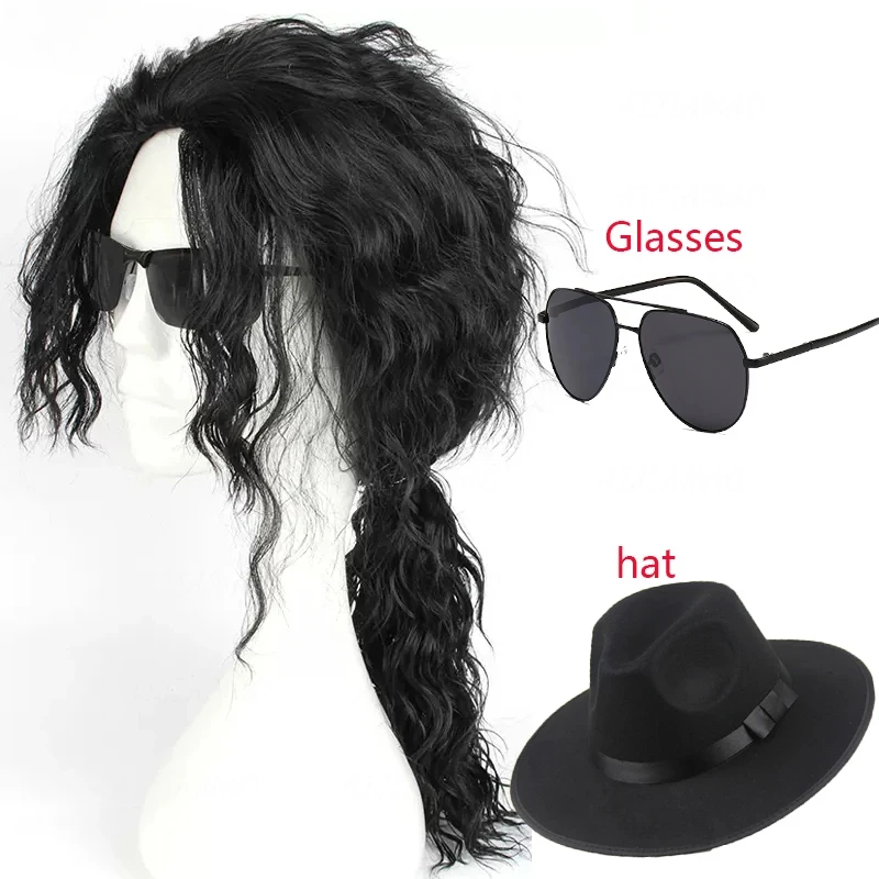 

Anime Michael Jackson Cosplay Michael Black Wig Michael Role Play Medium Long Curly Black Hair Halloween Wigs Glasses Matching