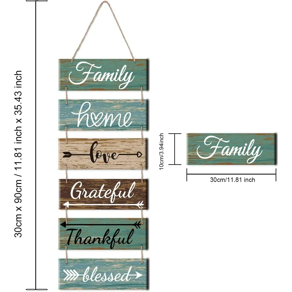 1 Set Family Home Love Grateful Thankful Blessed Wooden Hanging Sign Decorative Plaque Rustic Wall-Mounted Slatted Sign Wall Art