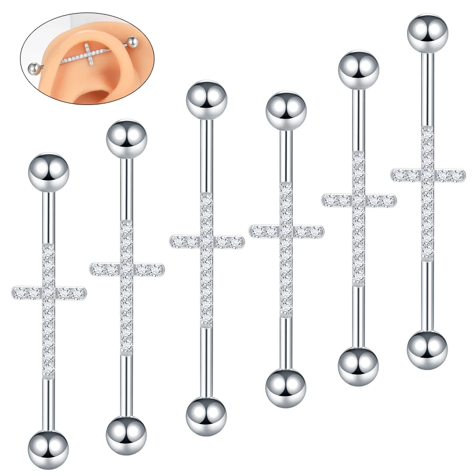 1PC Stainless Steel Cross with Zircon Industrial Piercing Women Men External Thread Barbell Bridge Earring Body Piercing Jewelry