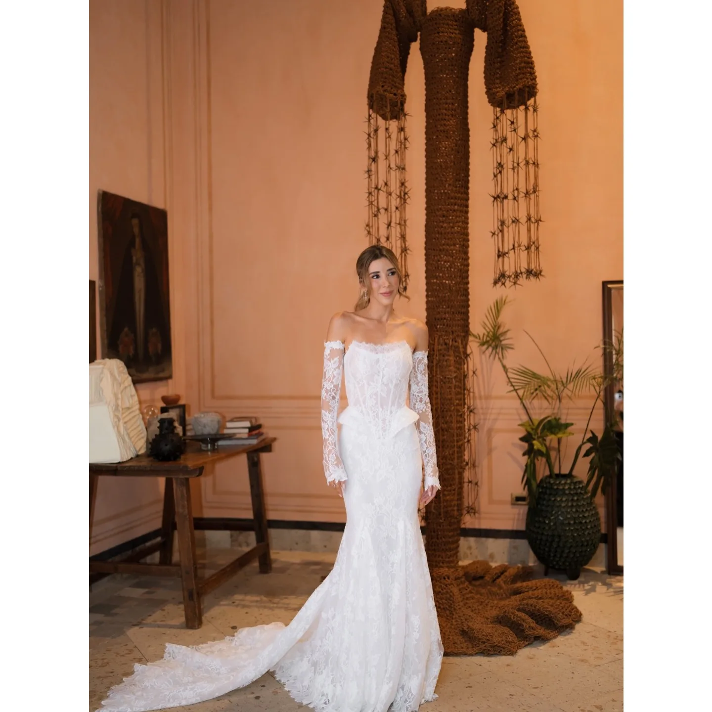 

Customized Sexy Mermaid Wedding Dress Lace Sleeves Off Shoulder Corset Illusion Back Sweep Train Bridal Gown Vestidos De Novia