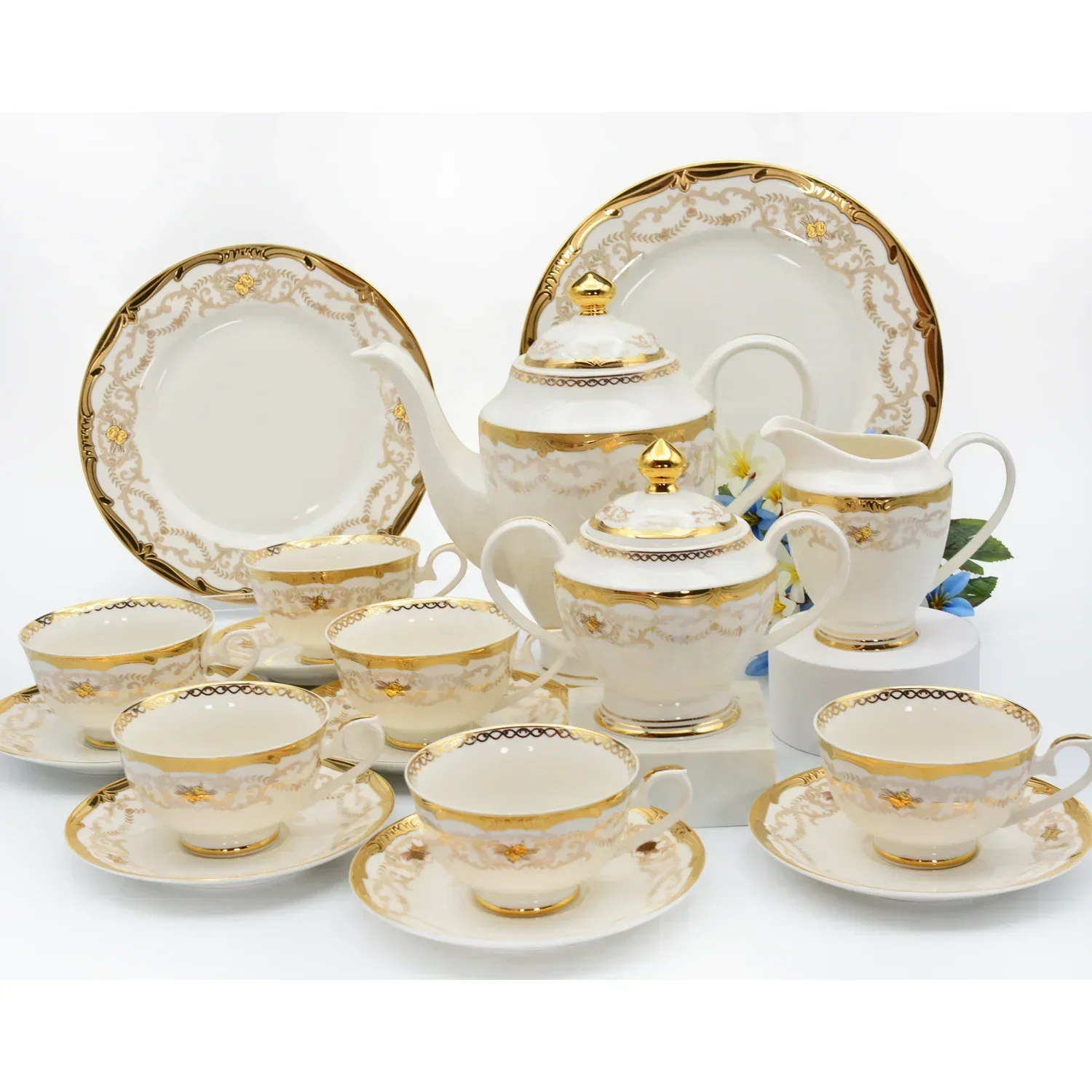 24 pcs tea sets with 6 cups saucers dessert plates embossed gold royal style bone china coffee tea sets