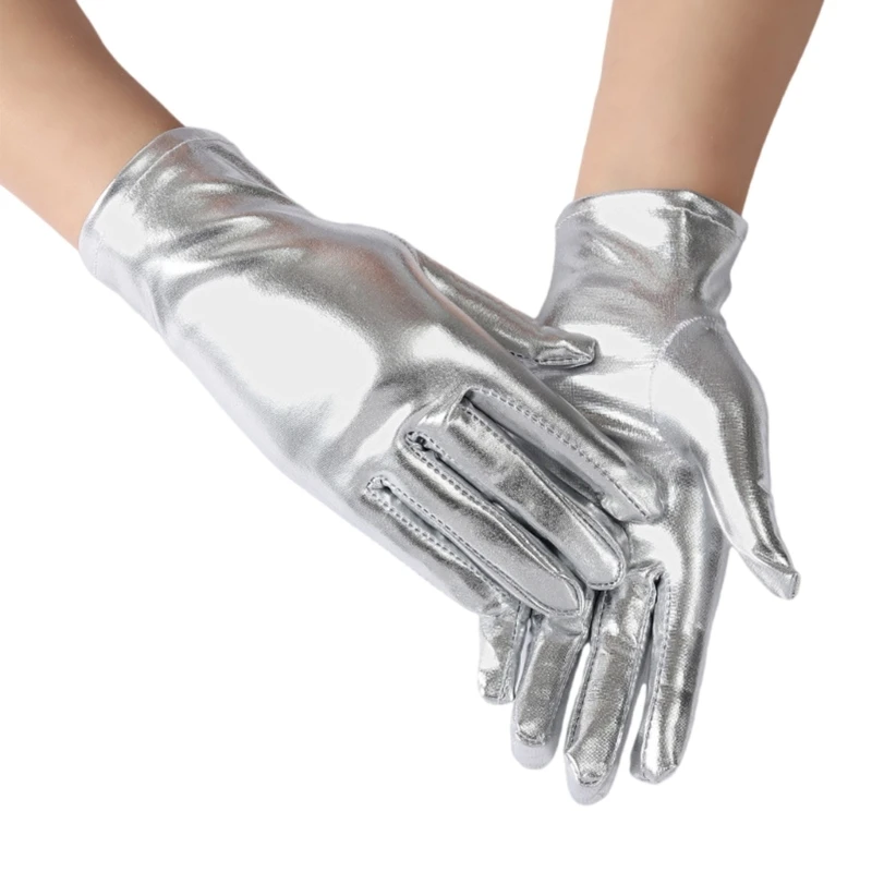 Gold Silver Wet Look Fake Leather Metallic Gloves Evening Party Performance Mittens Women Sexy Elbow Length Long Gloves