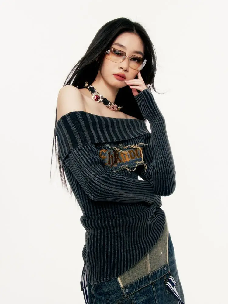 Female Slim Y2k Clothes Slash Neck Long Sleeve Striped Patchwork Letter Print Pullovers Vintage Harajuku Spring Autumn Sweaters