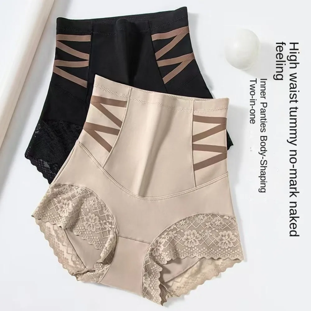 

Hip Lift Women Ice Silk Panties High Waist Lingeries Lace Floral Underpants Traceless Belly Contracting Women Briefs Lady