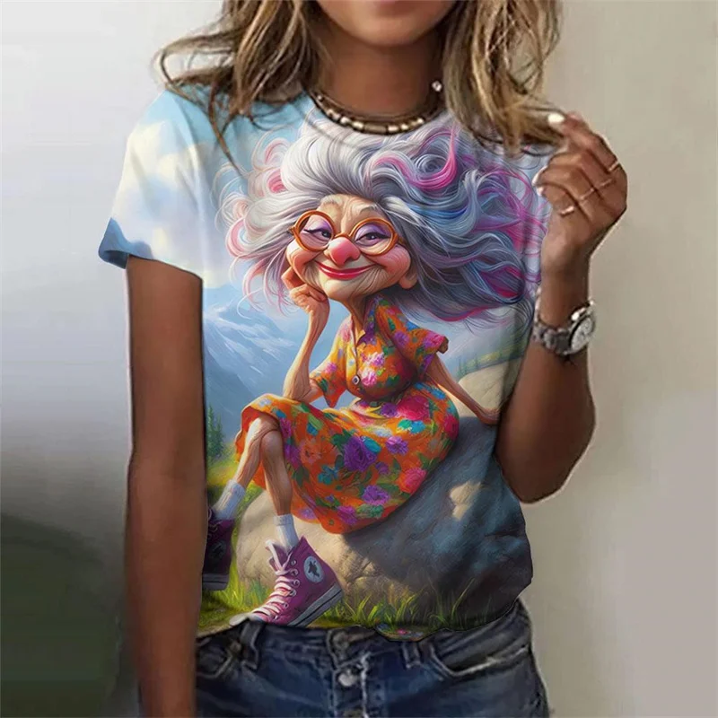 Koszulka z nadrukiem 3D Cartoon Granny dla kobiet Kolorowe modne koszulki z grafiką Letnie koszulki casualowe T-shirty z okrągłym dekoltem i krótkimi rękawami