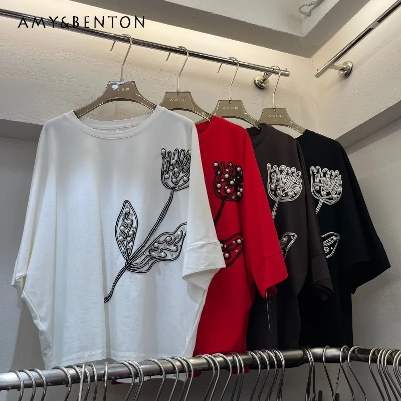 

Loose Casual Pearl Stitching Floral Pattern Design Top Y2K Crew Neck Short Sleeves Tees Fashion Versatile Slimming T-shirt Women