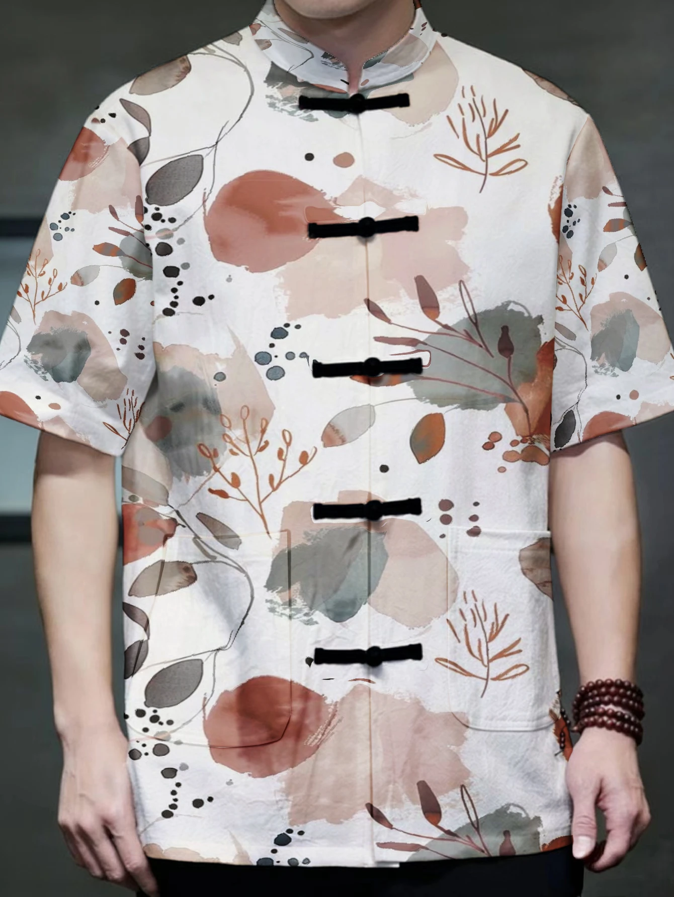 Men Men Mandarin  Frog Button Short Sleeve Shirt Oriental Full Print Stand Collar Casual Outerwear With Pockets - Aliexpress Deal