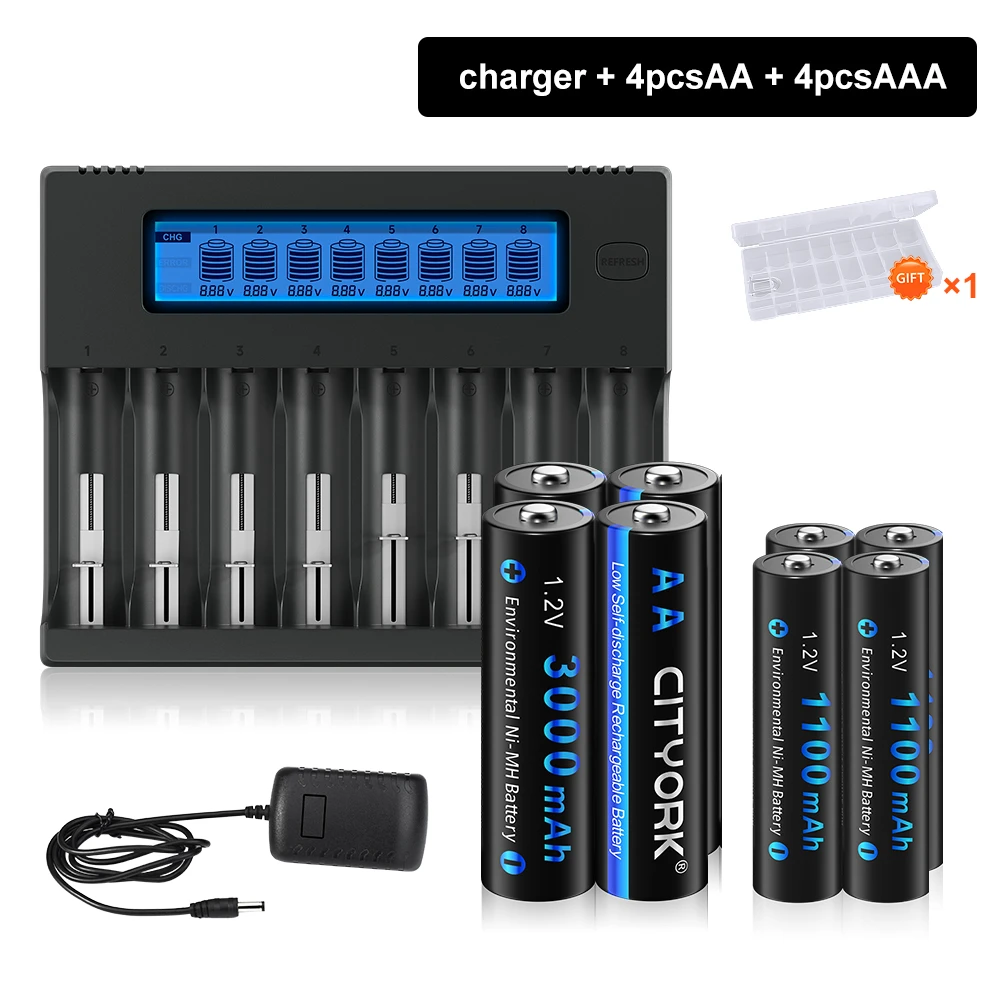 CITYORK 1.2V NI-MH AA AAA Rechargeable Battery+8-Slot LCD Display Charger for 1.2V AA AAA batteries 3.7V 18650 16340/16350 14500