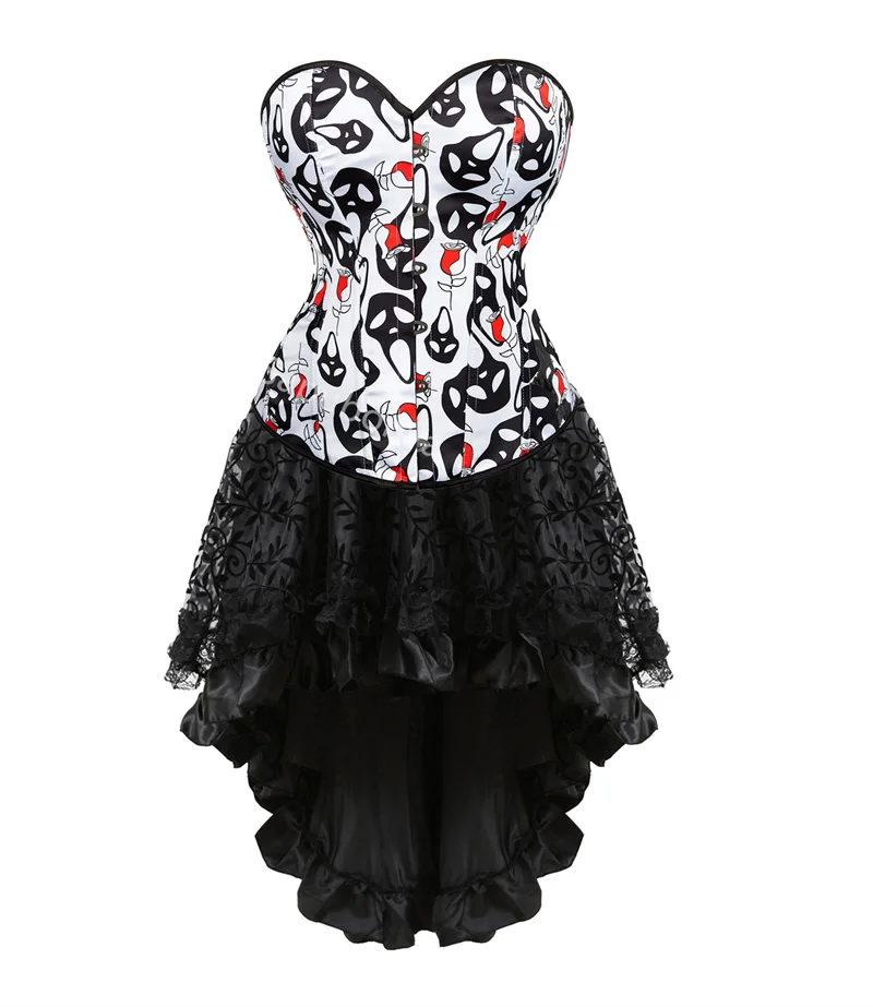 Corset Dress Tutu Skrits Set Skull Print With Lace Costume Party Sexy Burlesque Halloween Basques Outfit Plus Size Gothic Red