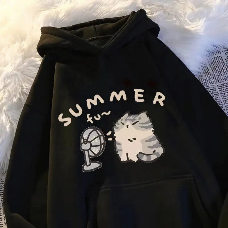 Summer The Little Cat Blowing The Fan Print Women Hoodie M-3XL Korean Loose Sisters Styl Fashion Salty Cute Same Gender Design
