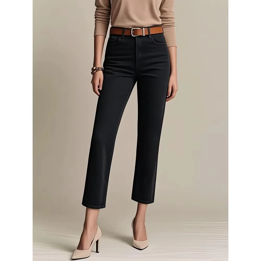 Women New Black Straight Leg Jeans Slim Fit Stretchy Denim Pants Soft Breathable Flattering Daily Casual Office Comfy Trousers