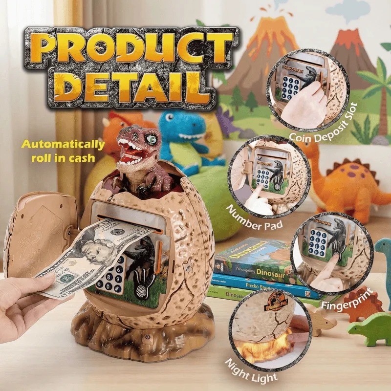 Dinosaur Egg Piggy Bank Kids ATM Password Fingerprint Lock Auto Money Rolling Birthday Gift