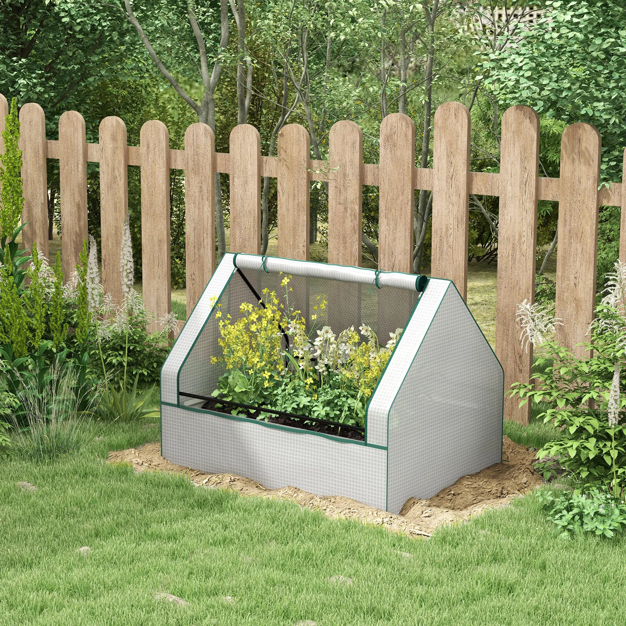 Outsunny Raised Garden Bed with Small Greenhouse, White and Silver