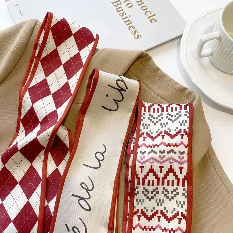 

Красный двухслойный атласный длинный шелковый шарф-лента для волос для женщин, декоративная лента-шарф, шейный платок, элегантные универсальные аксессуары