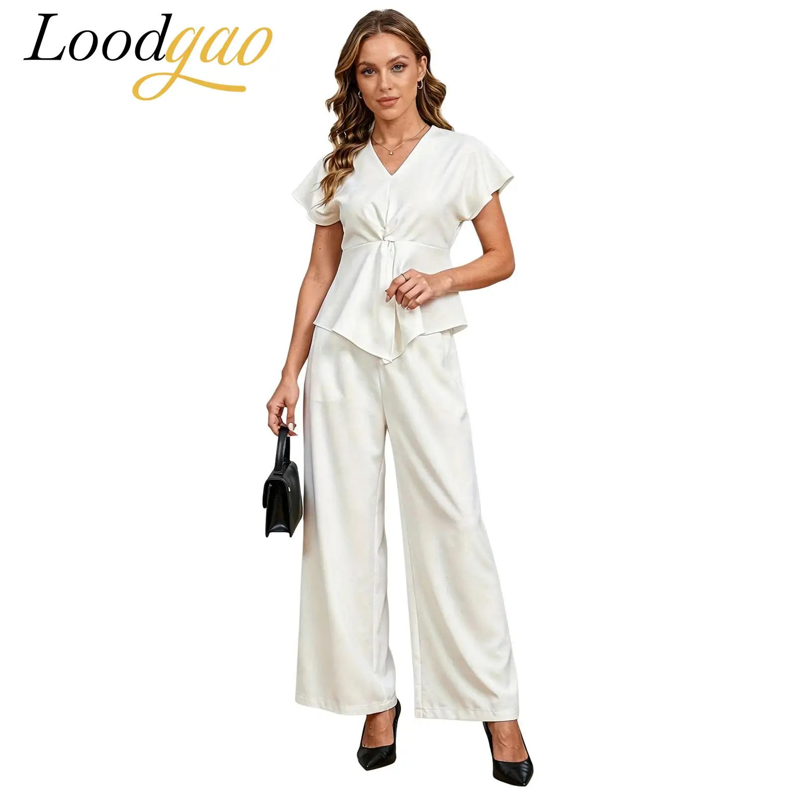 Women Office Work Trousers Outfit V Neck Short Sleeve Split Peplum Blouse Top Wide Leg Pants Set for Daily Commute Casual Suits
