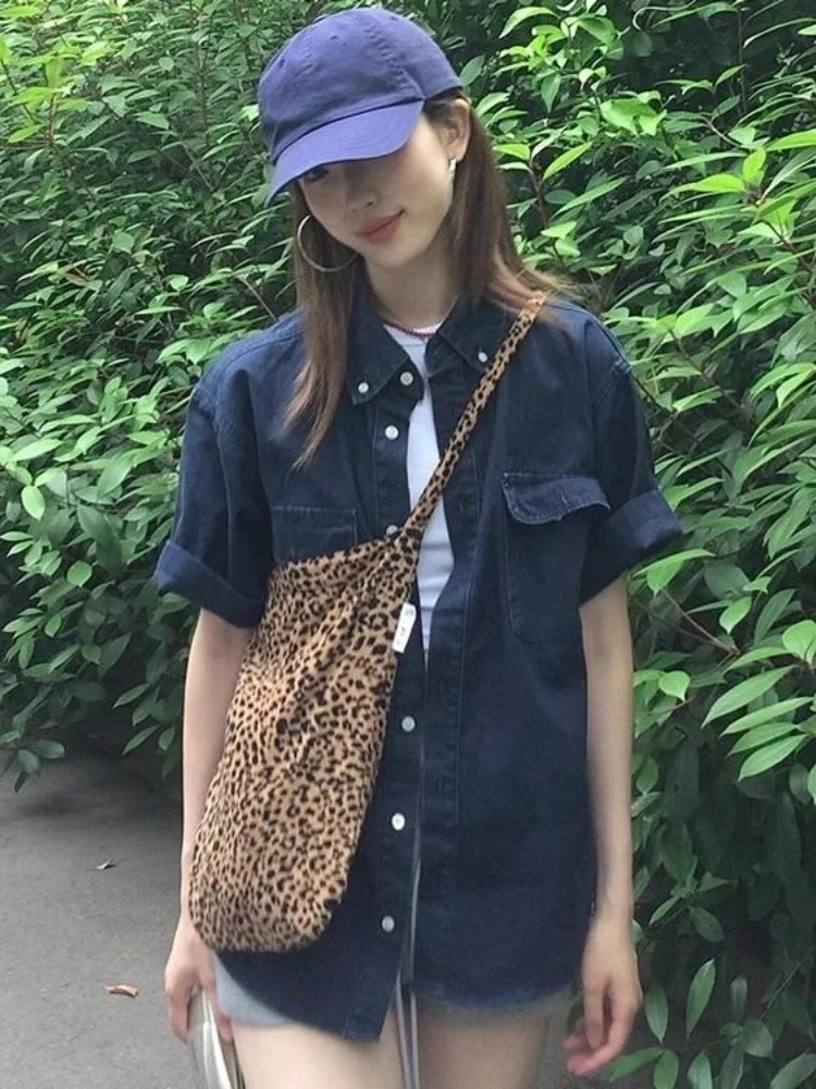 2025 Y2k الجمالية الدنيم جيب الجرونج قمصان النساء واحدة الصدر خمر البلوزات الرجال والنساء الصيف بلوزات فضفاضة ملابس خارجية #3