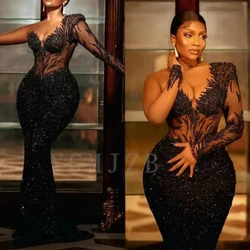 Black Long Sleeve Prom Dresses Luxury Mermaid Glitter Beaded African Women Formal Evening Party Gowns for Wedding Customized