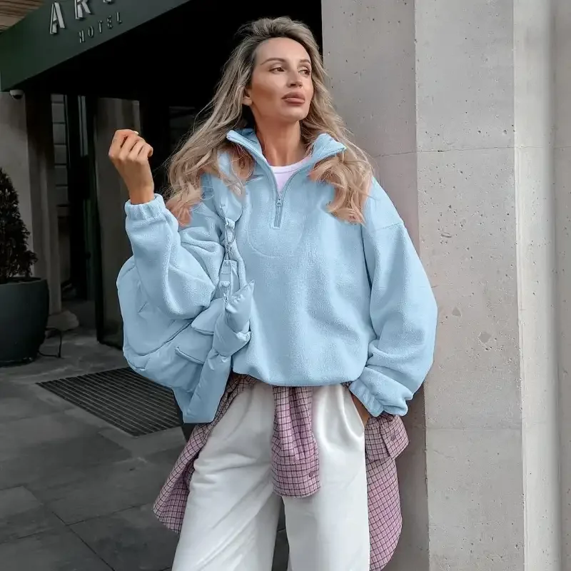 Felpa con cappuccio pullover allentata autunno inverno stile europeo americano da donna tinta unita minimalista versatile mezza zip in pile