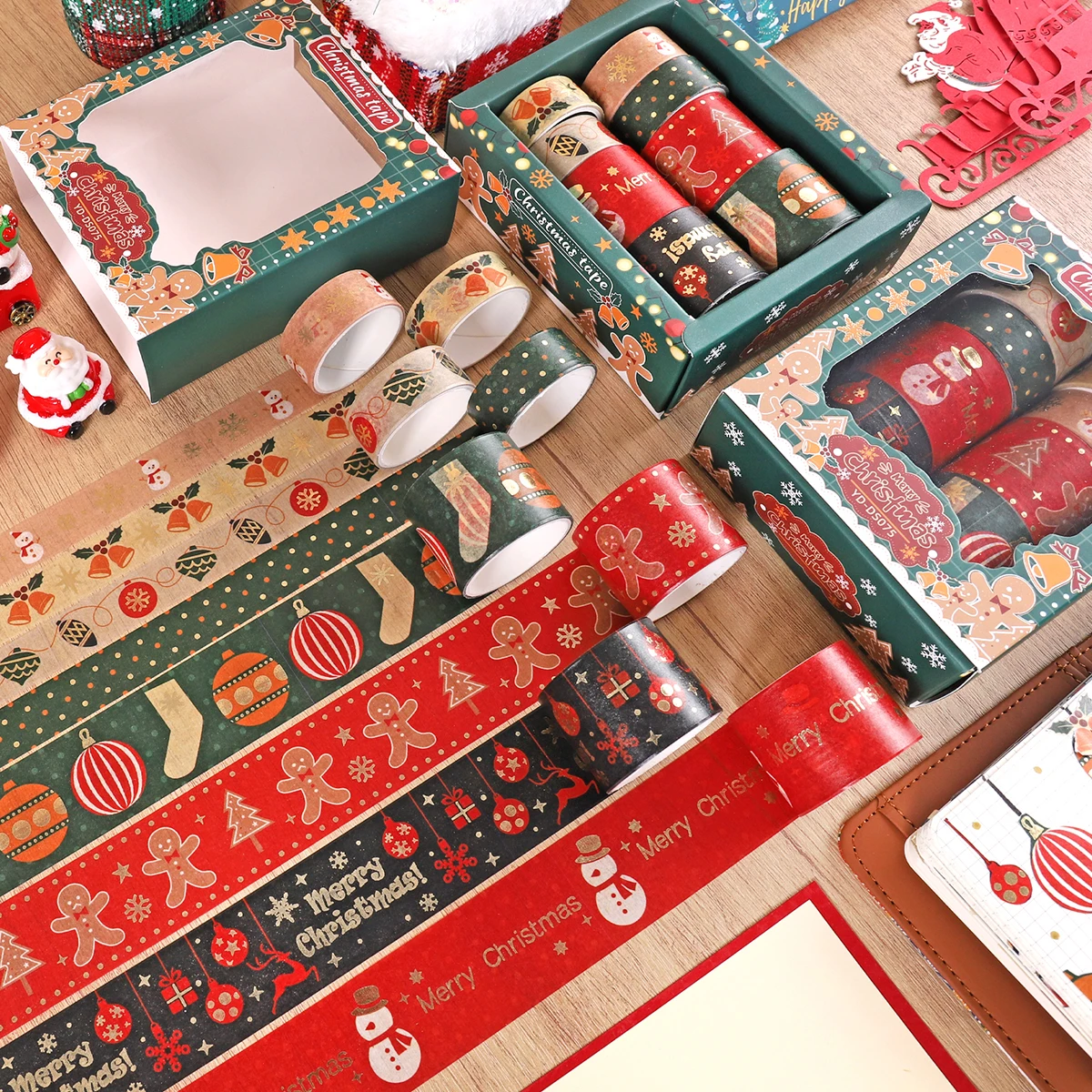 8 لفات/صندوق من شريط واشي منقوش لعيد الميلاد، مناسب لمواد تزيين حدود الألبوم بنفسك، مع عملية الختم الساخن.