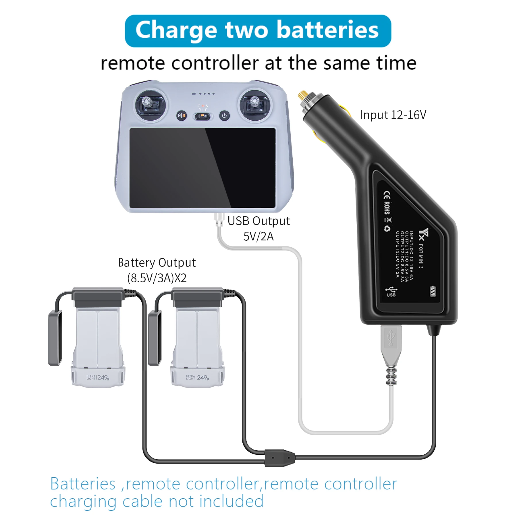 3 in 1 Car Charger For DJI Mini 3/3 Pro/4 Pro Intelligent Battery Charging Hub Car Connector USB Adapter Multi 2 Battery