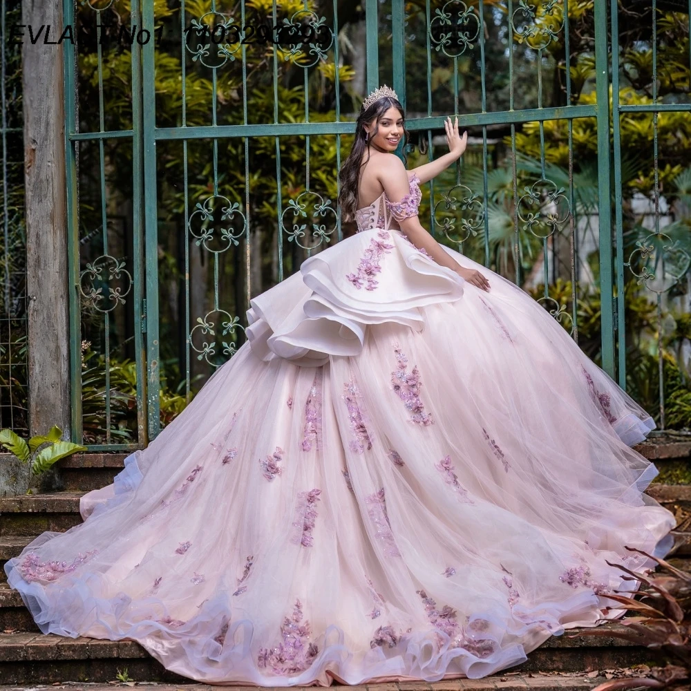 

EVLAST Customized 2026 Pink Ball Gown Quinceanera Dress 3D Floral Applique Beading Tiered Sweet 16 Vestidos De 15 Anos E1QN101