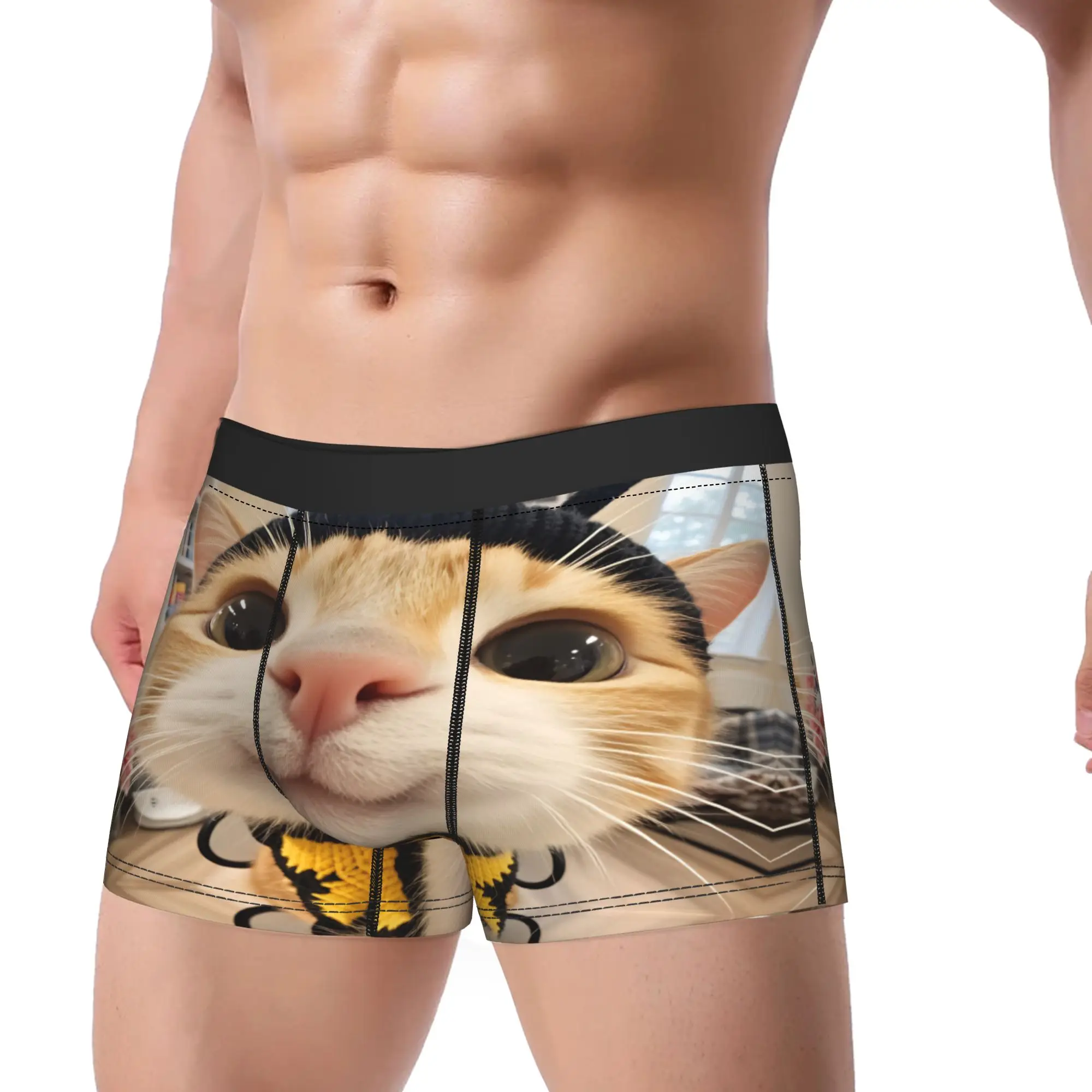 Kawaii Bee Cat in Costume Shorts Briefs  Underwear Trenky Male Comfortable Boxer Shorts Custom DIY Oversize Panties