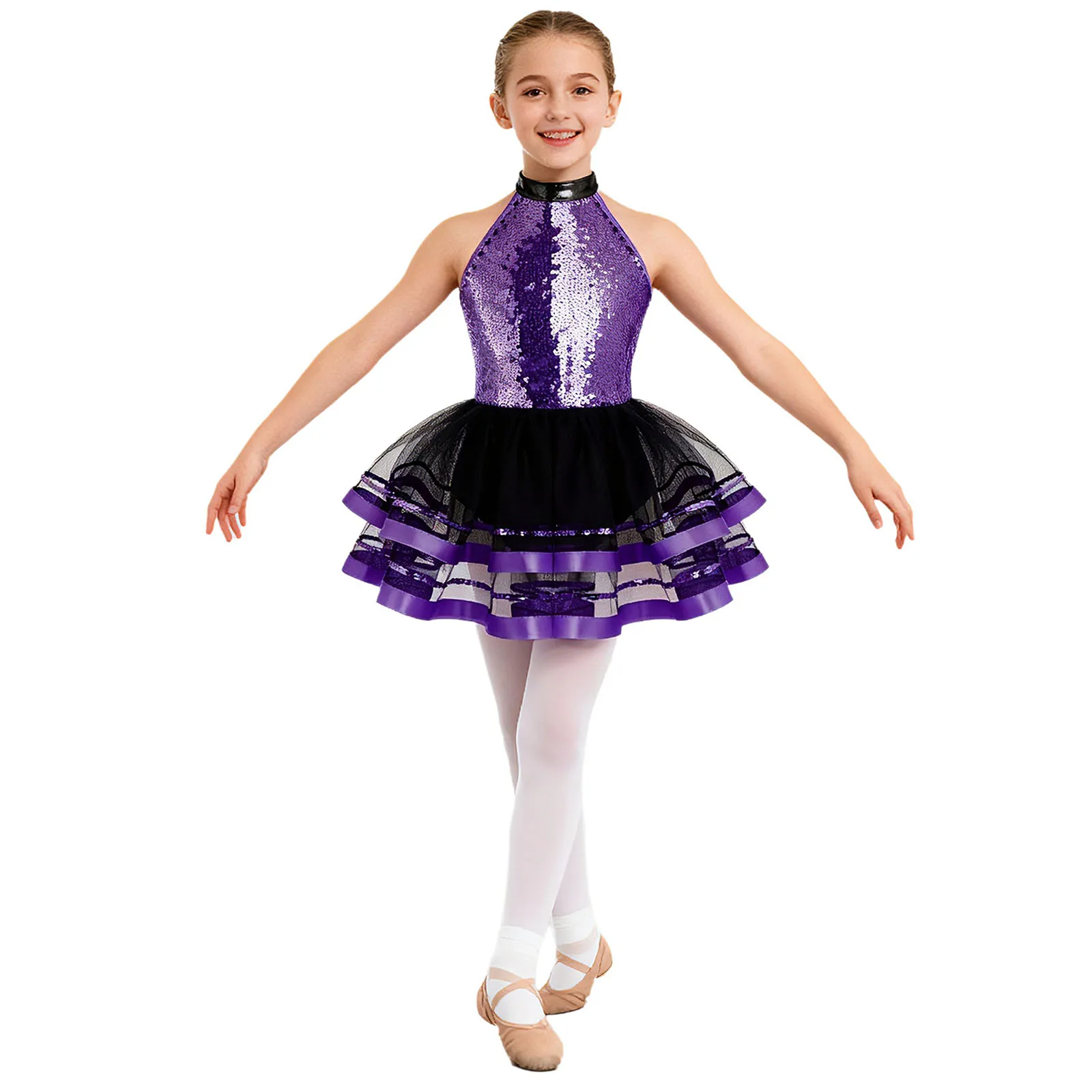 Glitzerndes Pailletten-Ballett-, Jazz- und Stepptanzkostüm für Mädchen, mit Neckholder-Oberteil und mehrlagigem Tüllrock für Wettbewerbe. – Detail 15