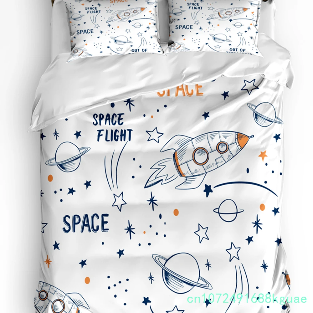 3pcs Bedding Set Rocket Flying Cartoon Universe Space White Duvet Cover Pillow Case Boy Kid Teen Girl Bedding Covers Set