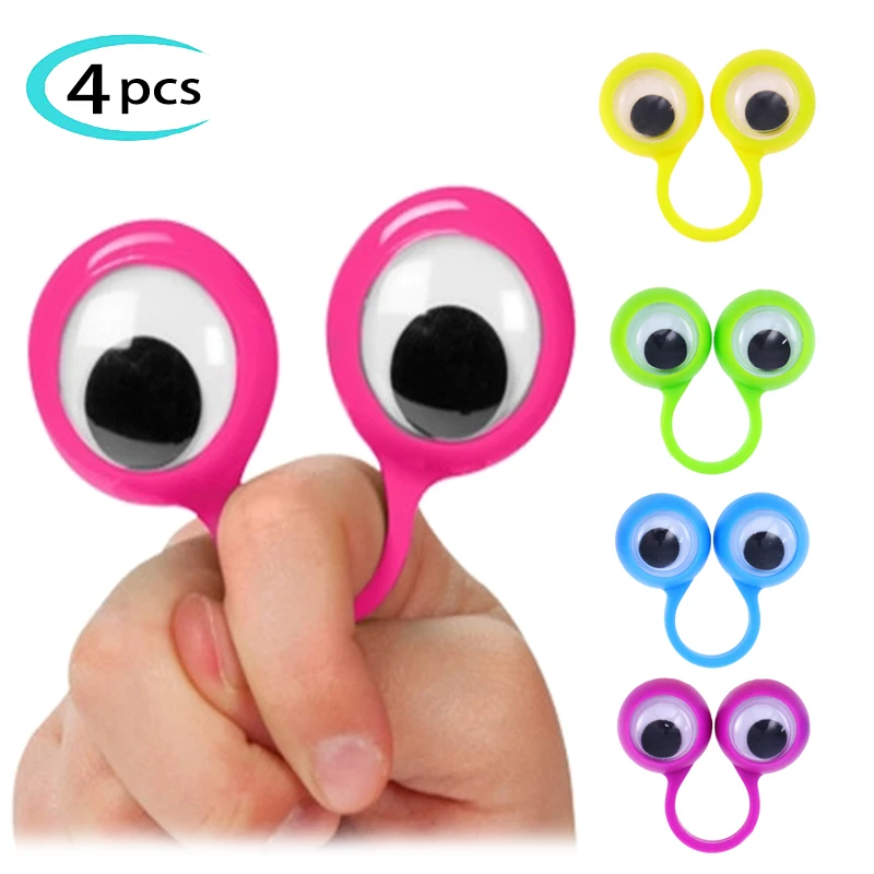 4pcs Cartoon Finger Puppet Ring Eyes Children Funny Plastic Scene Game Props Wiggle Eyes Ring Puppet Jokes Gift Kids Party Toy