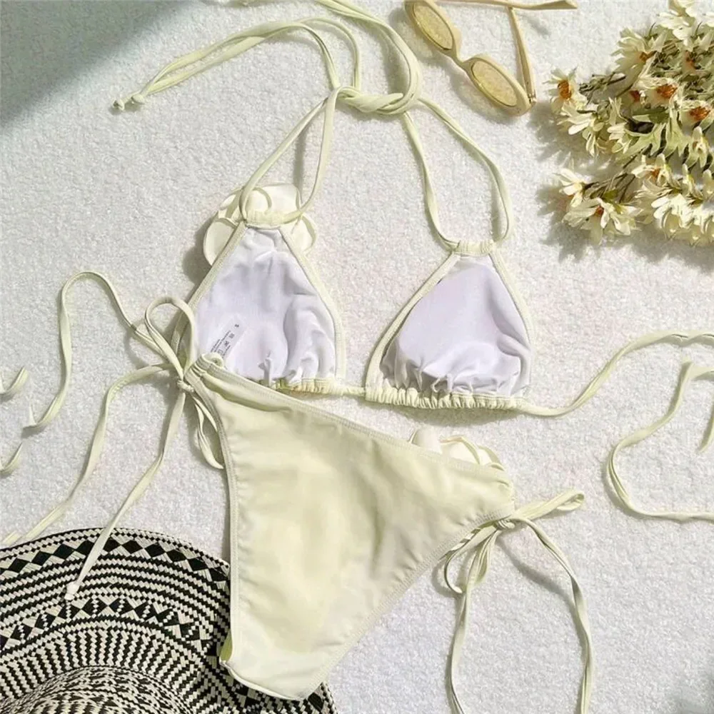 Lady Bathing Suit Off Shoulder Lace-up Halter Neck Bikini Set with Fake Flower Decor Color Matching Patchwork Women's Beachwear