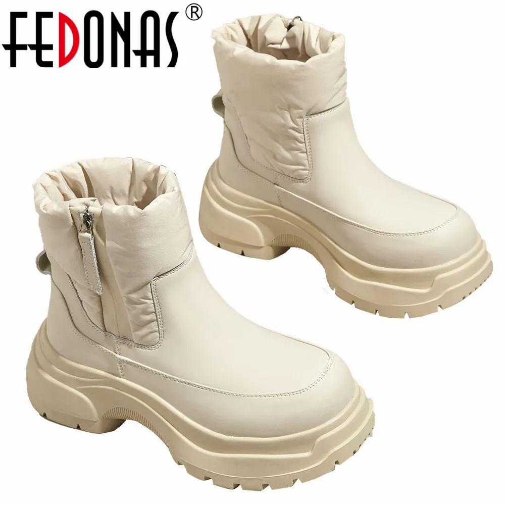 FEDONAS Winter Women Snow Boots Thick Plush Warm Women Ankle Boots Round Toe Zipper Platforms Casual Genuine Leather Shoes Woman