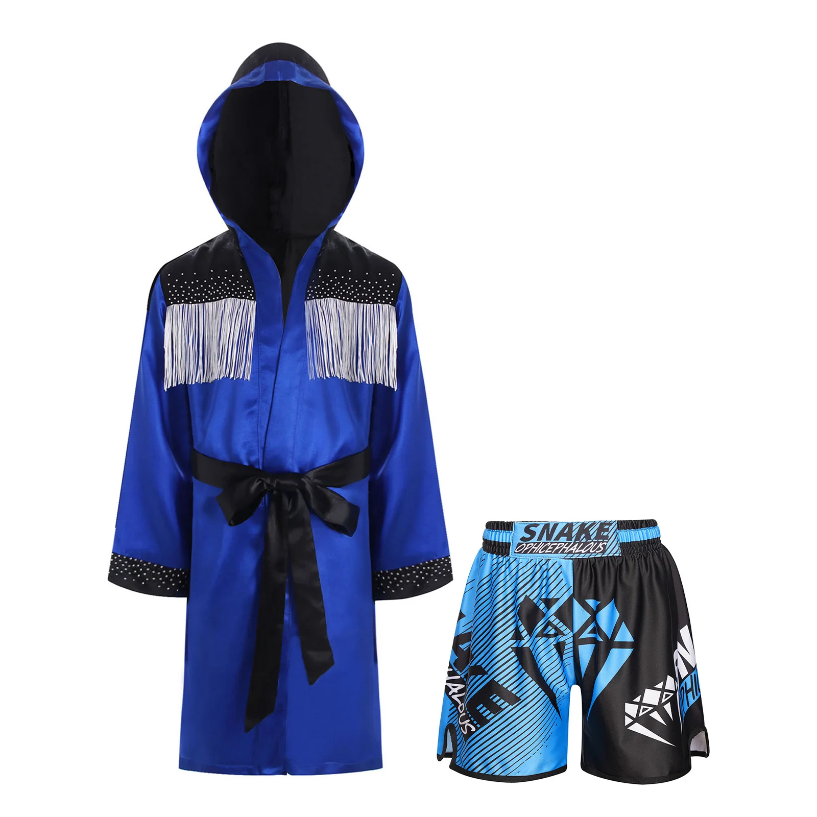 

#6-16 Kids Boys Boxing Match Competition Performance Costumes Tassel Color Block Satin Hooded Robe with Belt And Shorts Sets