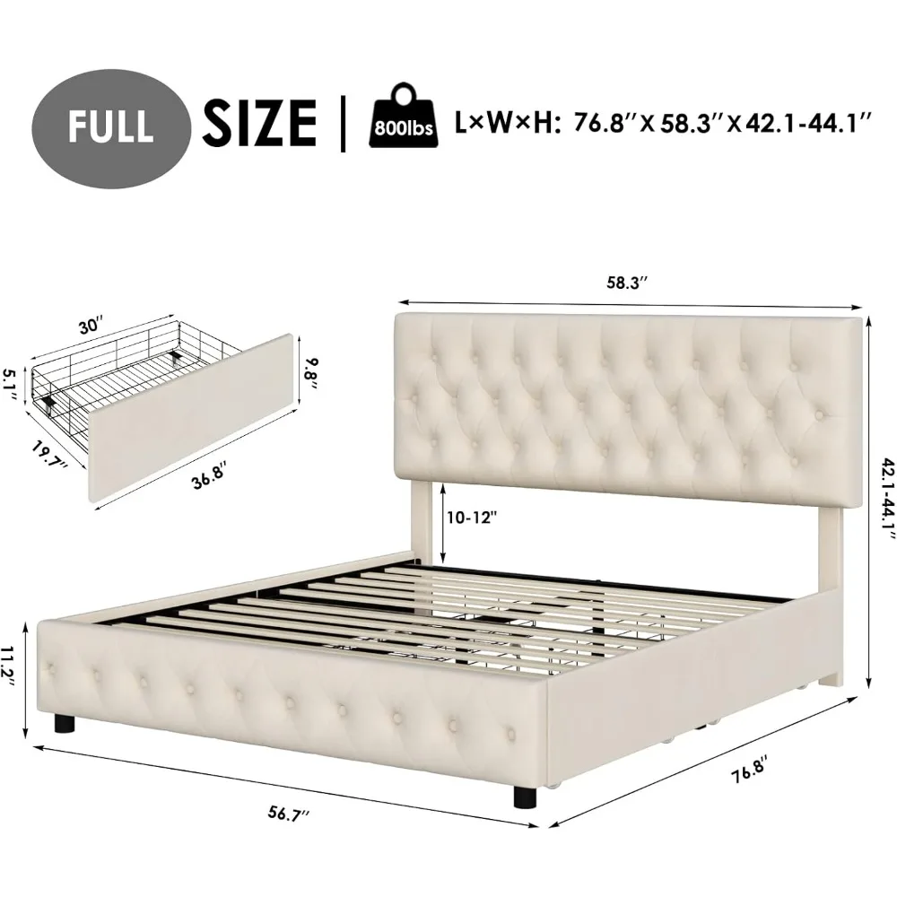 Keyluv Modern Upholstered Bed Frame with 4 Storage Drawers, Button Tufted Headboard Design, Solid Wooden Slat Support, Easy Asse