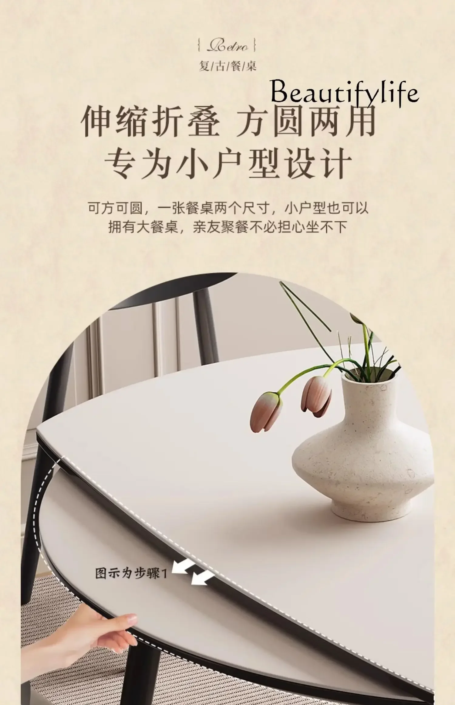 N Household folding rock slab round table black minimalist American retro retractable solid wood round dining table