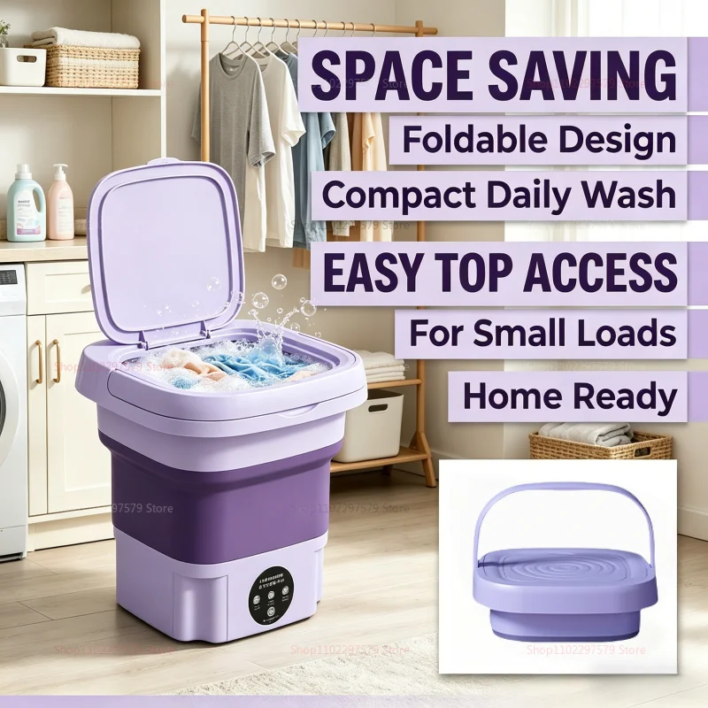 Lavadora Portátil Mini Plegable de 8L con Secadora por Centrifugado para Calcetines, Ropa Interior, Ropa de Bebé, Ideal para Viajes, Apartamentos, Autocaravanas y Lavanderías Pequeñas