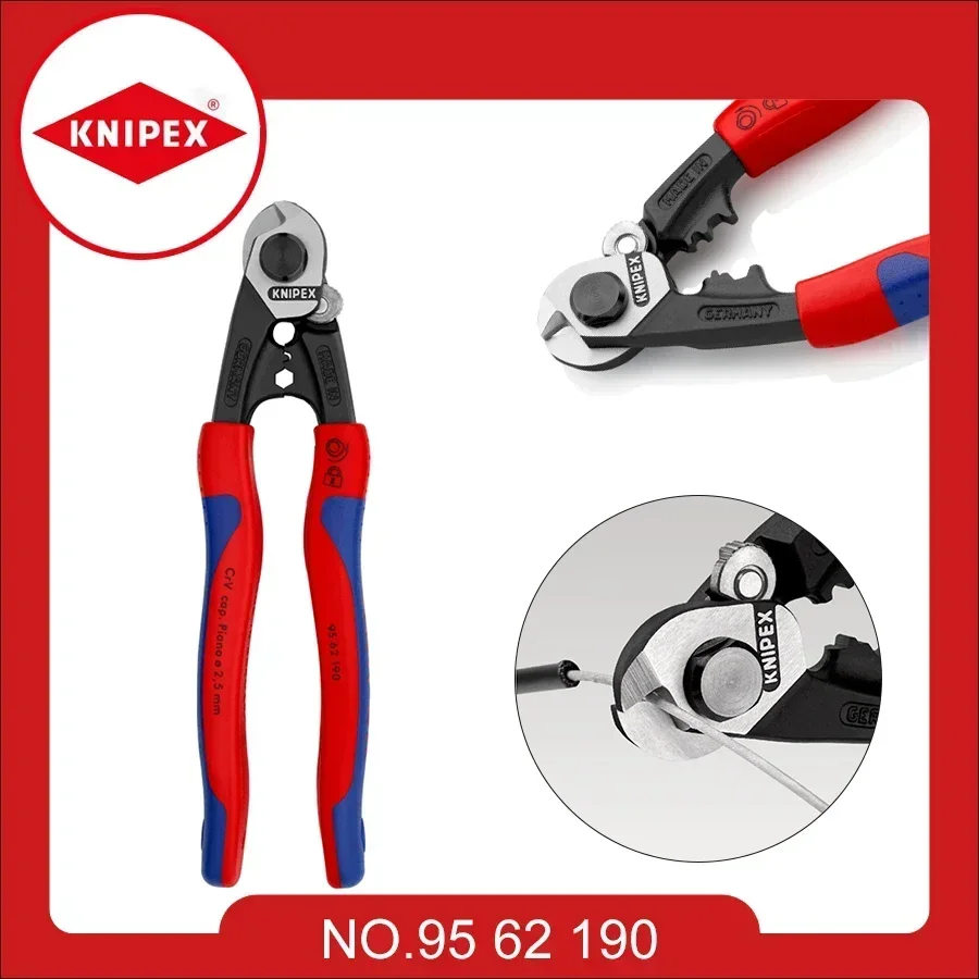 

Genuine KNIPEX Tools Wire Rope Cutter 7.5-inch Forged High Leverage Cutting Pliers with Two Crimping Dies for End Caps 9562190