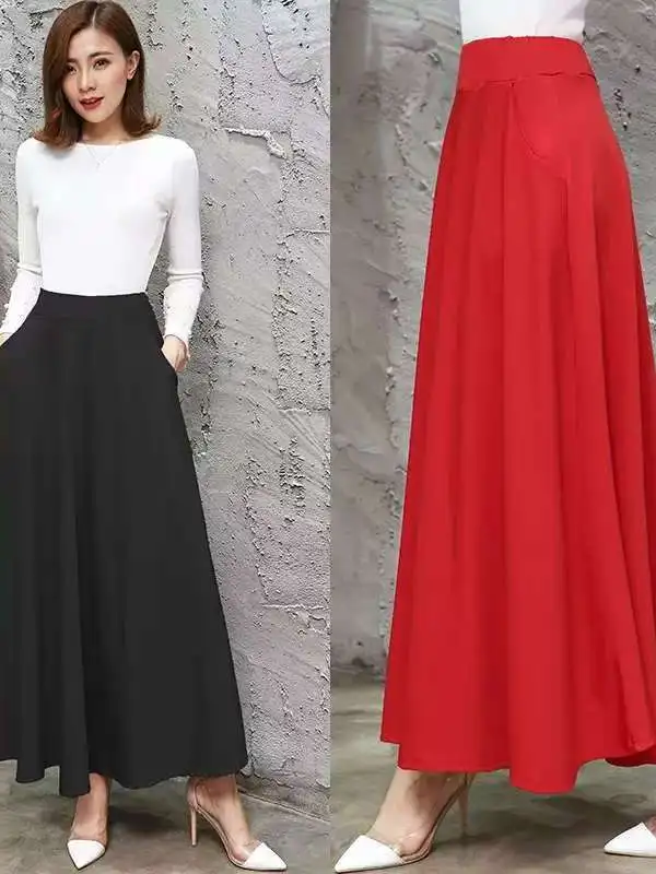 

Юбка миди А-силуэта с высокой талией, больших размеров, скрывающая недостатки фигуры, с расклешенным подолом, в корейском стиле, повседневная, из полиэстера, для фигуры типа «груша», весна-осень