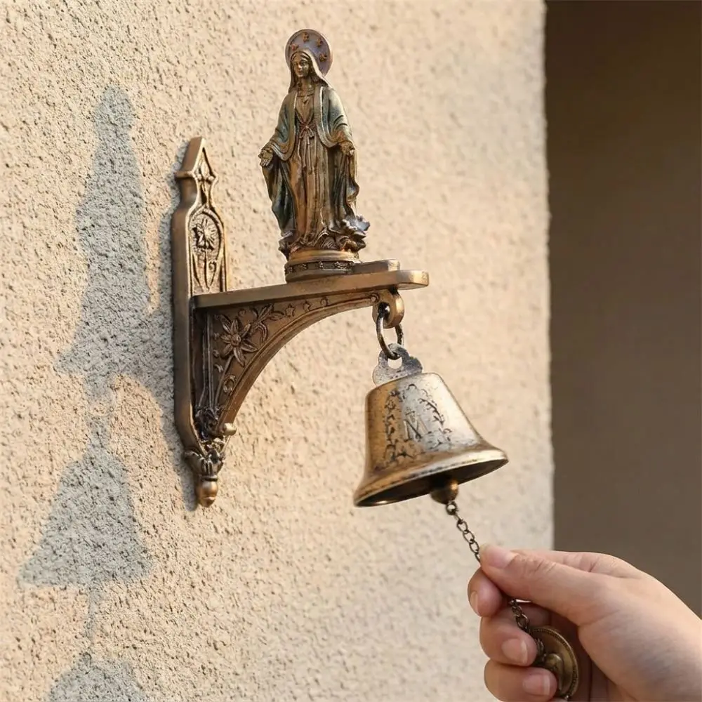 Religious Our Lady of Grace Wall Bell Metal Bell Wall Mount Virgin Mary Statue Christian Antique Holy Resin Figure Porch