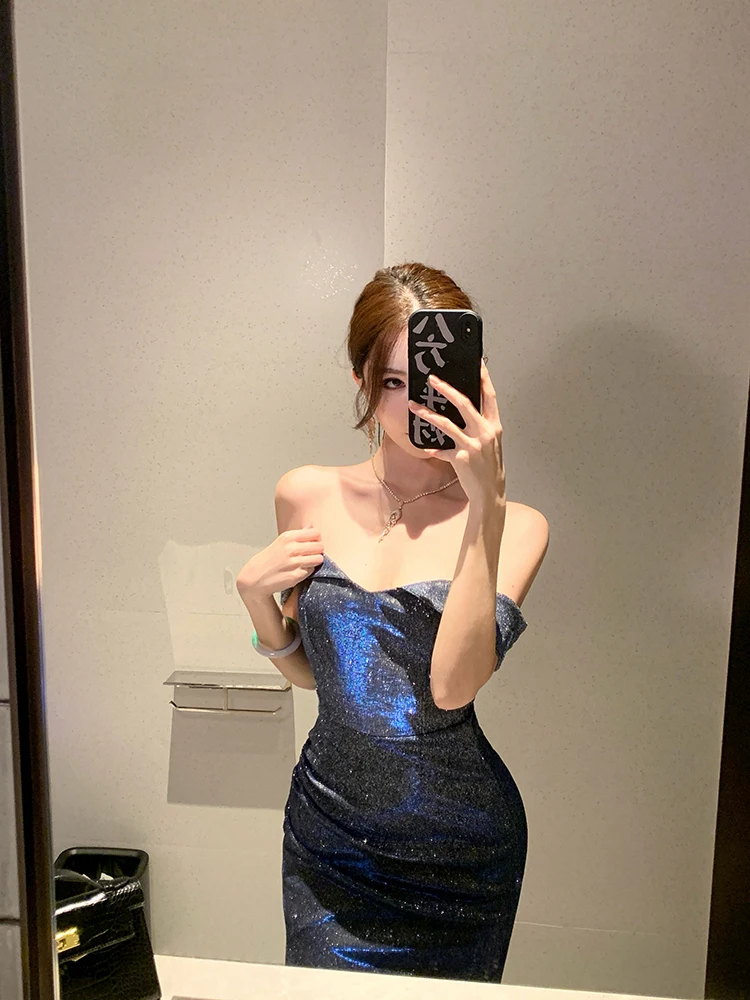 Französisches Mode-Kleid in Blau, Sexy Schulterfreies Kleid mit Schlitz, Kurzärmeliges Plissiertes Kleid, Damen Geburtstagsparty Abendkleid Langes Kleid – Detail 15