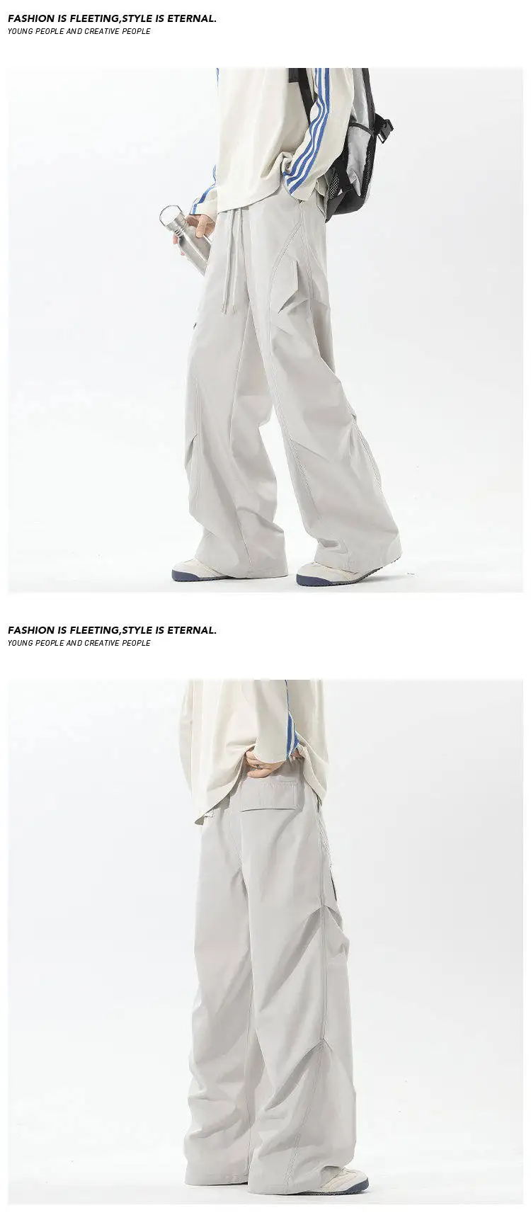 Leichte, plissierte Cargohose für Herren, locker geschnitten, mit weitem Bein, seitlichen Funktionstaschen, ideal für verschiedene Anlässe im Straßen- und Alltagslook. – Detail 12