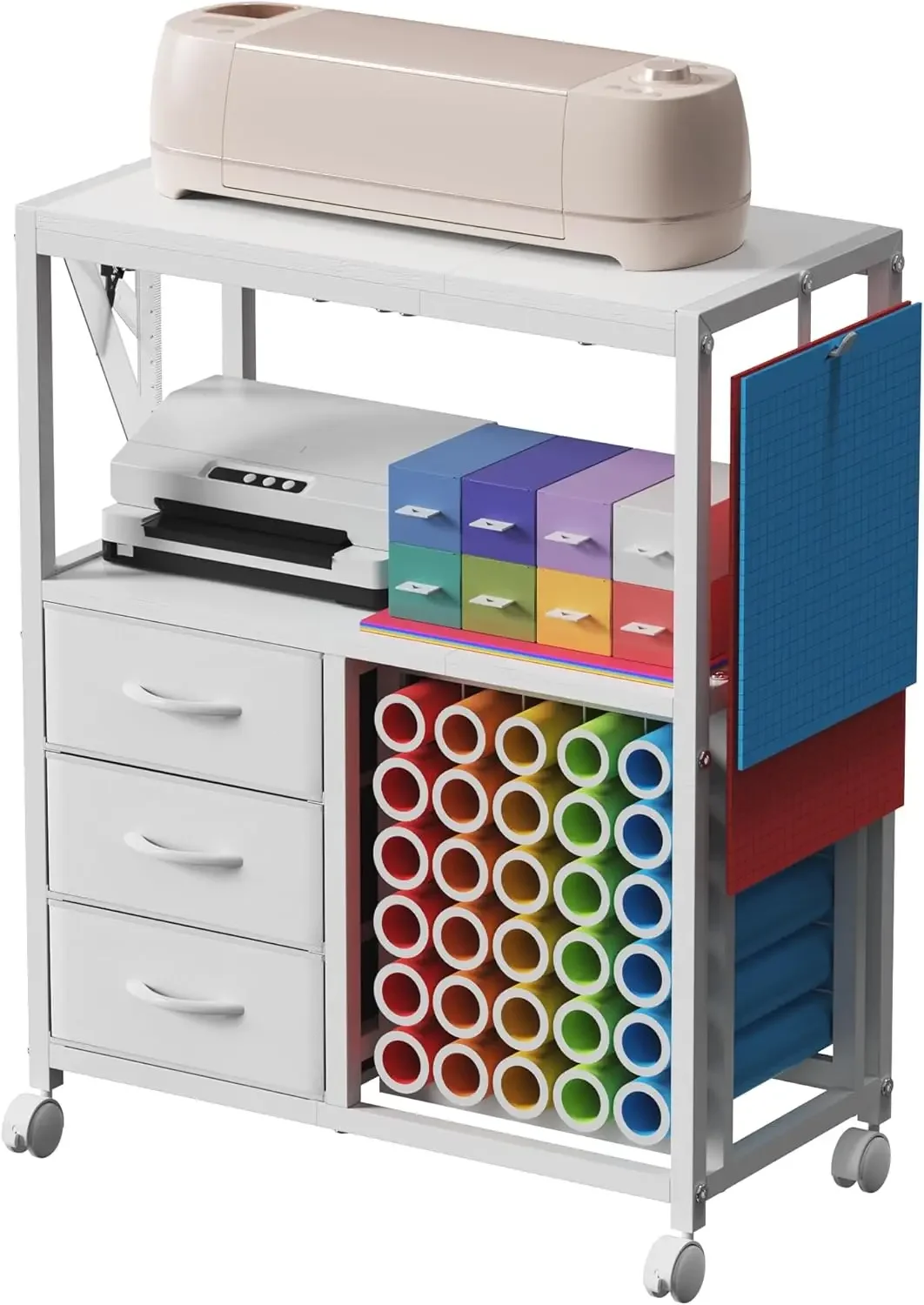 30 Vinyl Roll Holders for Cricut Cart, Rolling Craft Cart with 3 Fabric Drawer, Craft Organization and Storage Compatible with C