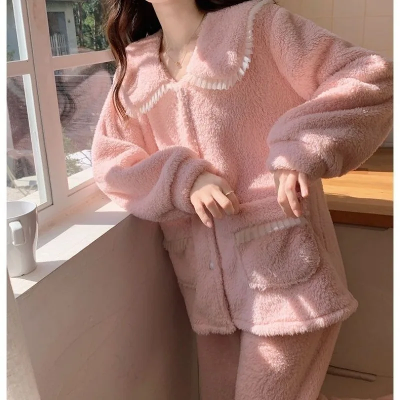 2024 New Sweet Princess Style Women\'s Pajamas Autumn Winter Coral Plush Sleepwear Warm Large Size Girls Outwear Home Wear Set