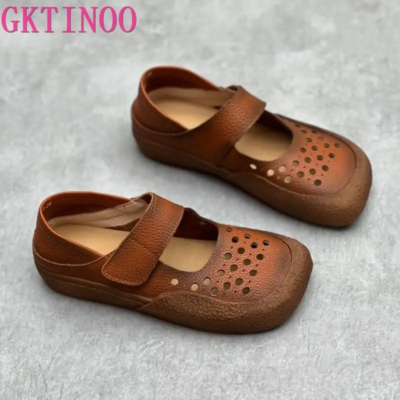 GKTINOO Genuine Leather Square Toe Women Shoes Soft Soles 2024 New Flats Mother Shoes Mary Jane Leisure Ladies Shoes Original