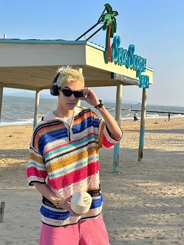 

Американский ретро полосатый полый вязаный топ, свободный повседневный топ для мужчин и женщин, весна-лето, новый Sle