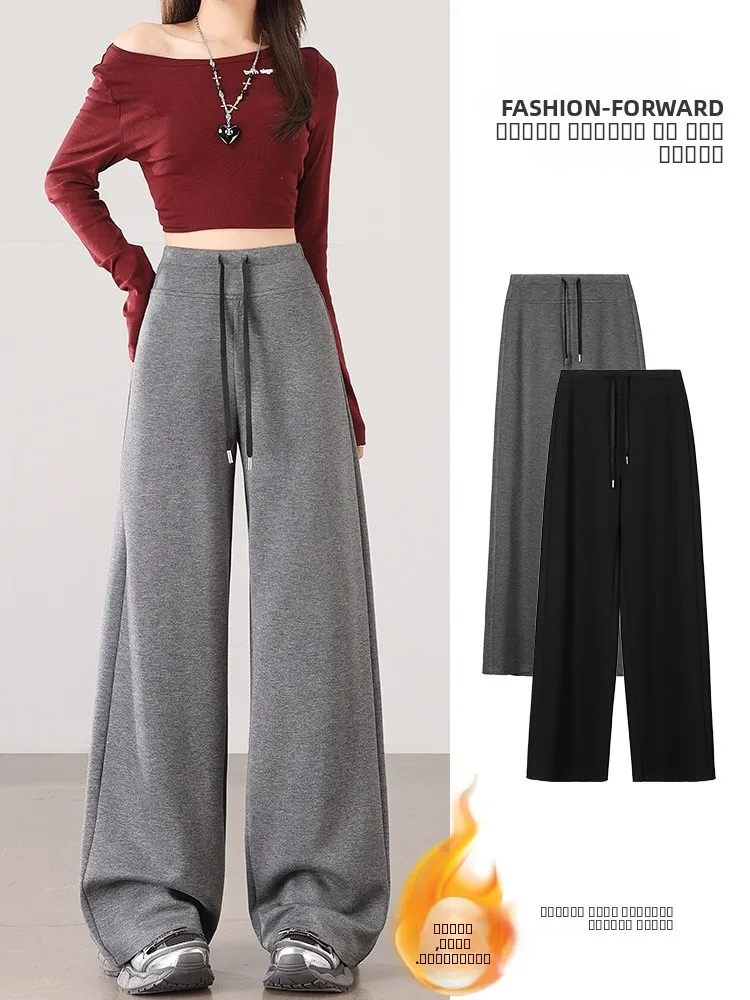 

Женские брюки с высокой талией, широкими штанинами, на флисовой подкладке, свободные, прямые, повседневные, осенне-зимние, новинка