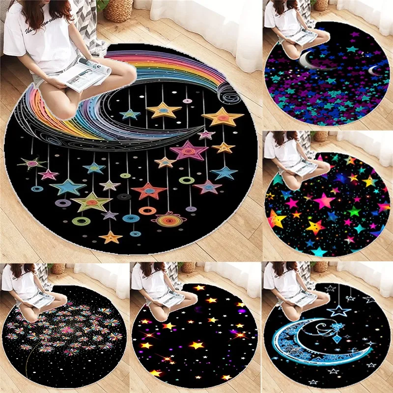 Starlit Sky Round Carpet Vintage Design Printed Living Room Bedroom Mat Washable Home Children's Bedroom Rug Black Decoration