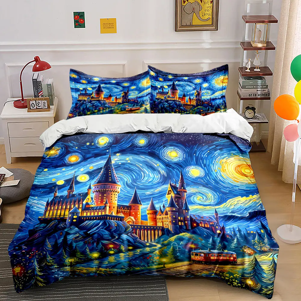 Sternenhimmel und Schloss Fantasy-Kunstwerk Druck-Bettwäsche-Set 1 Bettbezug 2 Kissenbezüge für Erwachsene und Kinder Luxus-Geschenk in voller Größe