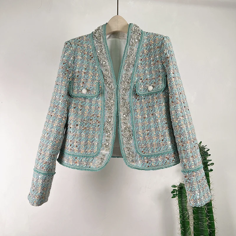 Chic 2023 Luxury Autumn Winter New Heavy Industry Short Retro Tweed Beaded Suit Jacket Female V Neck Tweed Blazers Jacket